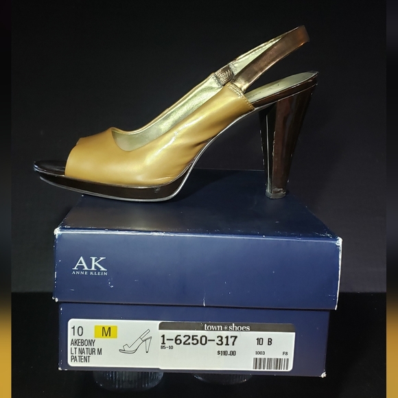 Anne Klein Peep Toe. Size 10. Gold & Espresso Brown. - Picture 2 of 8